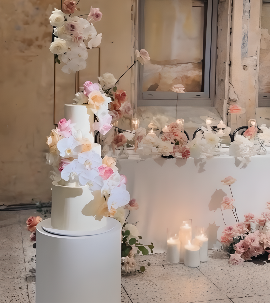 Decorative floral arrangement with candles in a room with peeling paint.